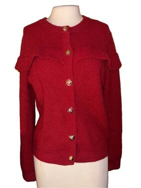 Women’s Red Knit Button-Up Cardigan with Ruffle Yoke #411